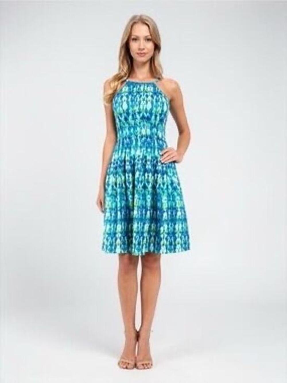 Calvin Klein blue green yellow water color scuba material career dress medium